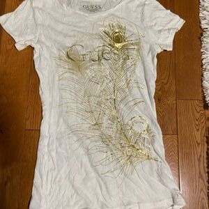 GUESS White Tee with Gold Peacock Feather Graphic